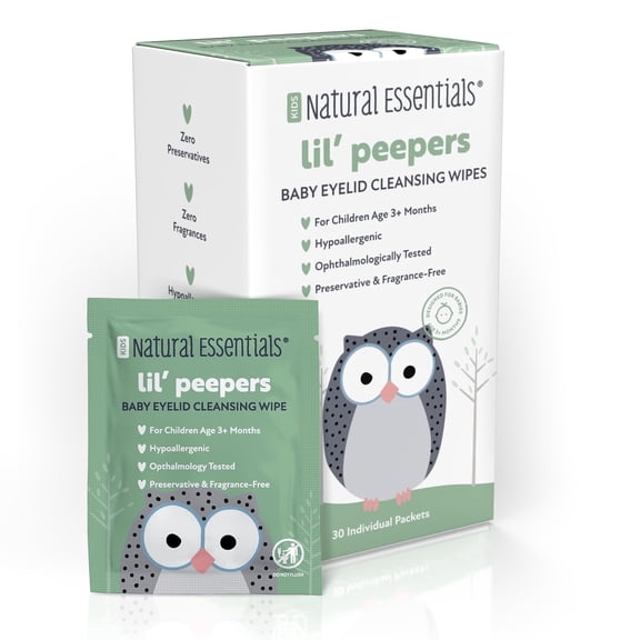 Natural Essentials Lil' Peepers Baby & Kids Eye Wipes, Eyelid & Eyelash Cleansing, Gentle Tear Duct & Eye Gunk Cleaner for Infants, Toddlers & Sensitive Eyes, Alcohol-Free, 30 Count (1 Pack)