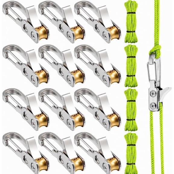 RVKXHD 12Pcs Rope Tensioner with Roller: Stainless Steel Paracord Tie Down Set, Secure Locking Buckle, 115 Lbs Max Load, Weather‑Resistant Cord Tightener for Camping, with 4Reflective Paracords-Green