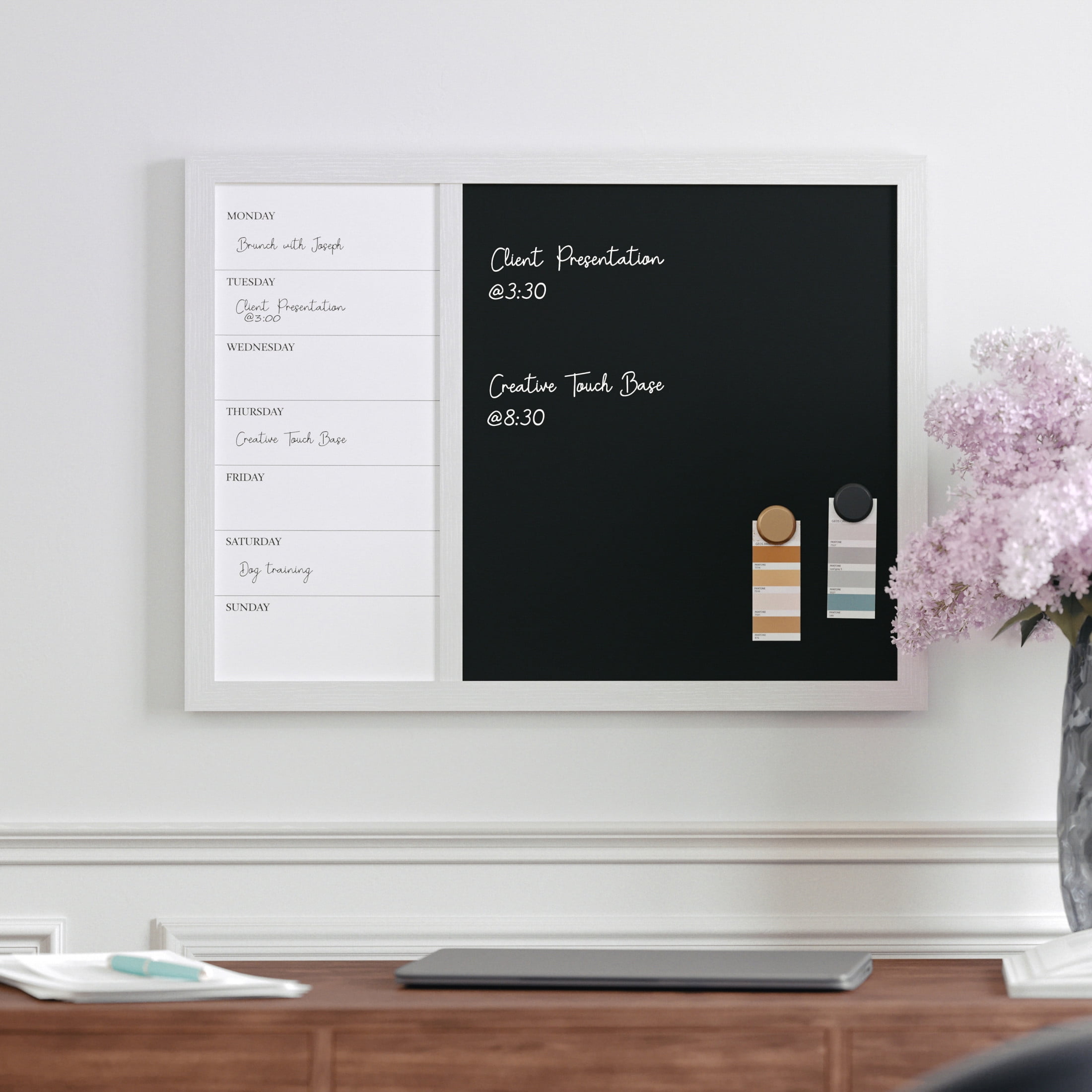 Martha Stewart Everette 24"x18" Magnetic Weekly Calendar Dry Erase Board and Chalk Board with Liquid Chalk Marker and Magnets, White Woodgrain Frame