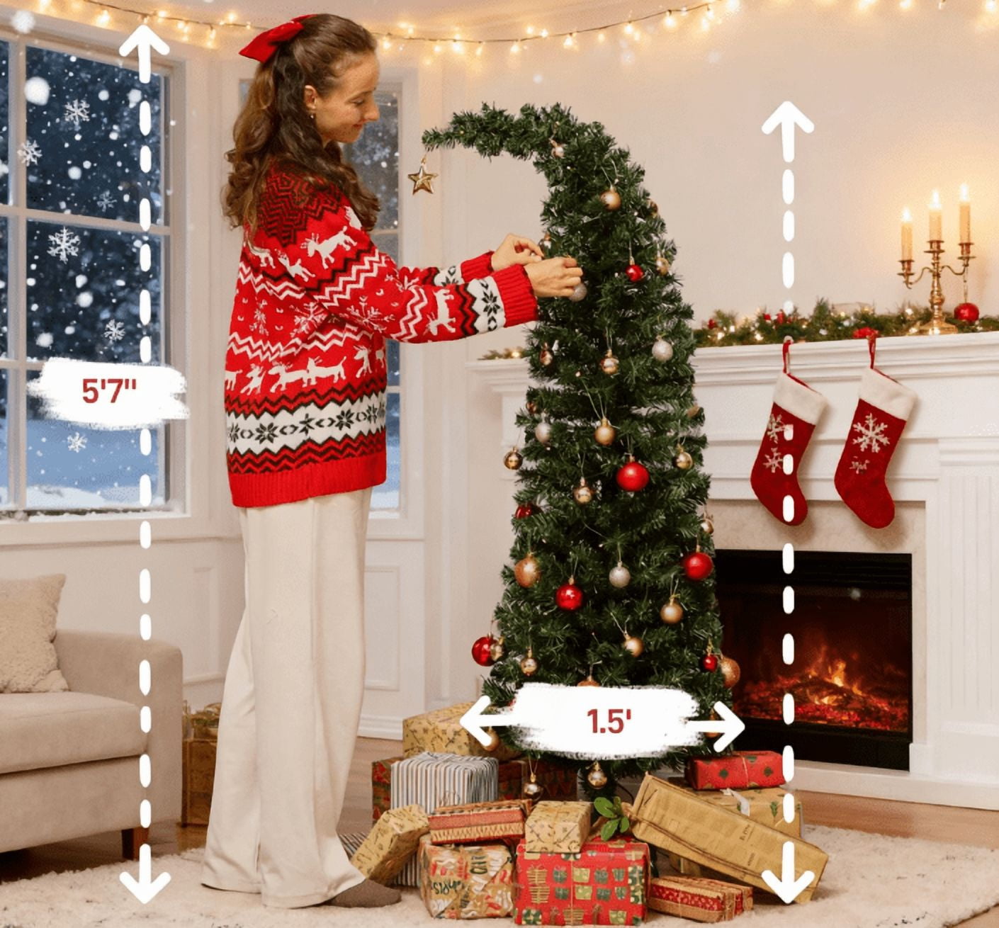 5ft Slim Prelit Christmas Tree with Bent Santa Hat Top 246 Tips 100 LED Lights 8 Modes Indoor Decor