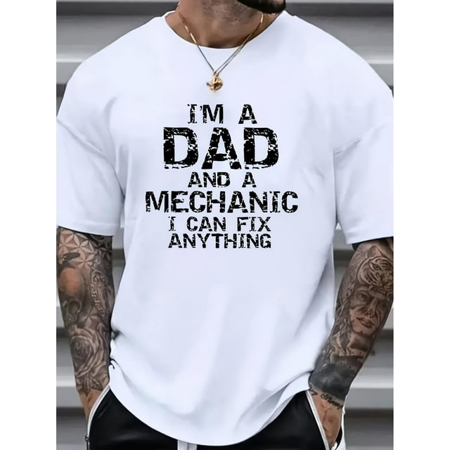 Dad & Mechanic" Humorous Print Men's T-Shirt - Vintage Style, 100% cotton, Crew Neck, Short Sleeve, Ideal for All Seasons, Casual Wear|Relaxed Fit T-shirt