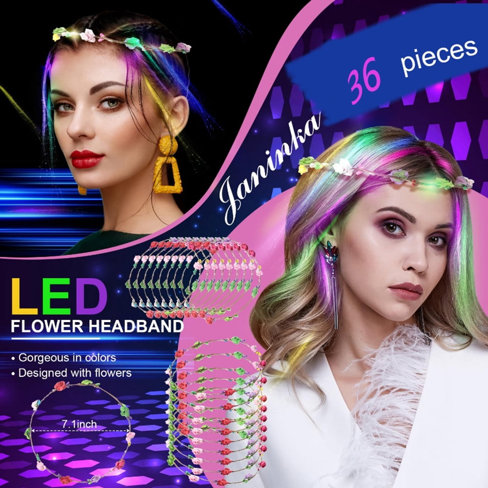 36pcs light-up headwear (12* light-up headbands, 12* transparent light-up braids, 12* light-up butterfly braids) suitable for parties, weddings, birthdays, photography, camping trips, and concerts