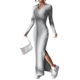 thumbnail image 3 of Women'S Long Sleeve Collar V Neck Maxi Dress Slit Thigh Ribbed Knit Bodycon Dresses Grey M, 3 of 9