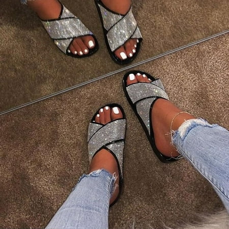 

Alueeu Women s slipper Summer New Leisure Fashion Diamond Flat Cross Women s Sandals