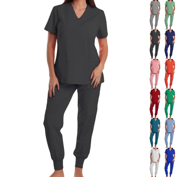 Vibrex Women's Scrub Set: Short-Stretch Sleeve V-Neck Top & Drawstring Pants - Multi-Pocket, Loose-Fit Uniform for Nurses, Caregivers, Medical Staff (Multiple Colors)