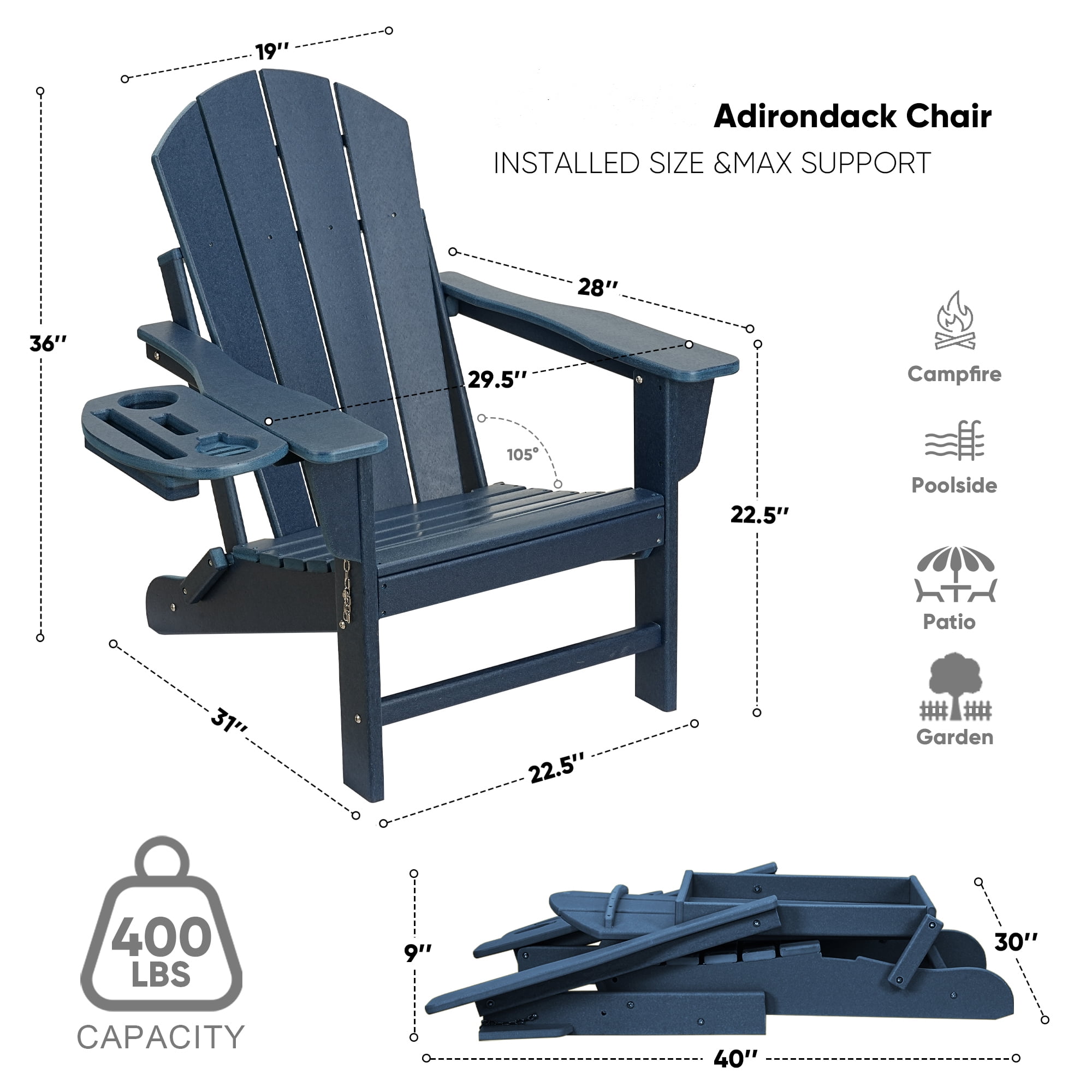 2PCS Folding HDPE Adirondack Chair with 4 in 1 Cup Holder Tray, Outdoor Patio Plastic Adirondack Chairs Weather Resistant, Blue