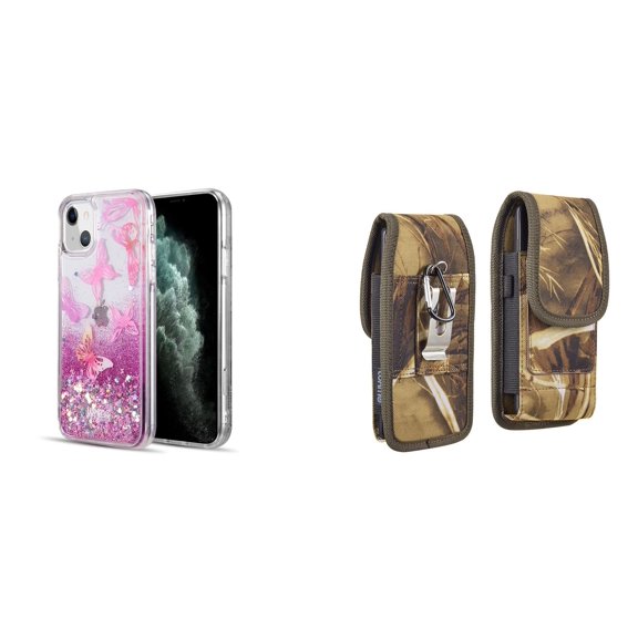 Liquid Glitter Case for iPhone 14 and Belt Holster Pouch (Pink Butterfly/Camo)