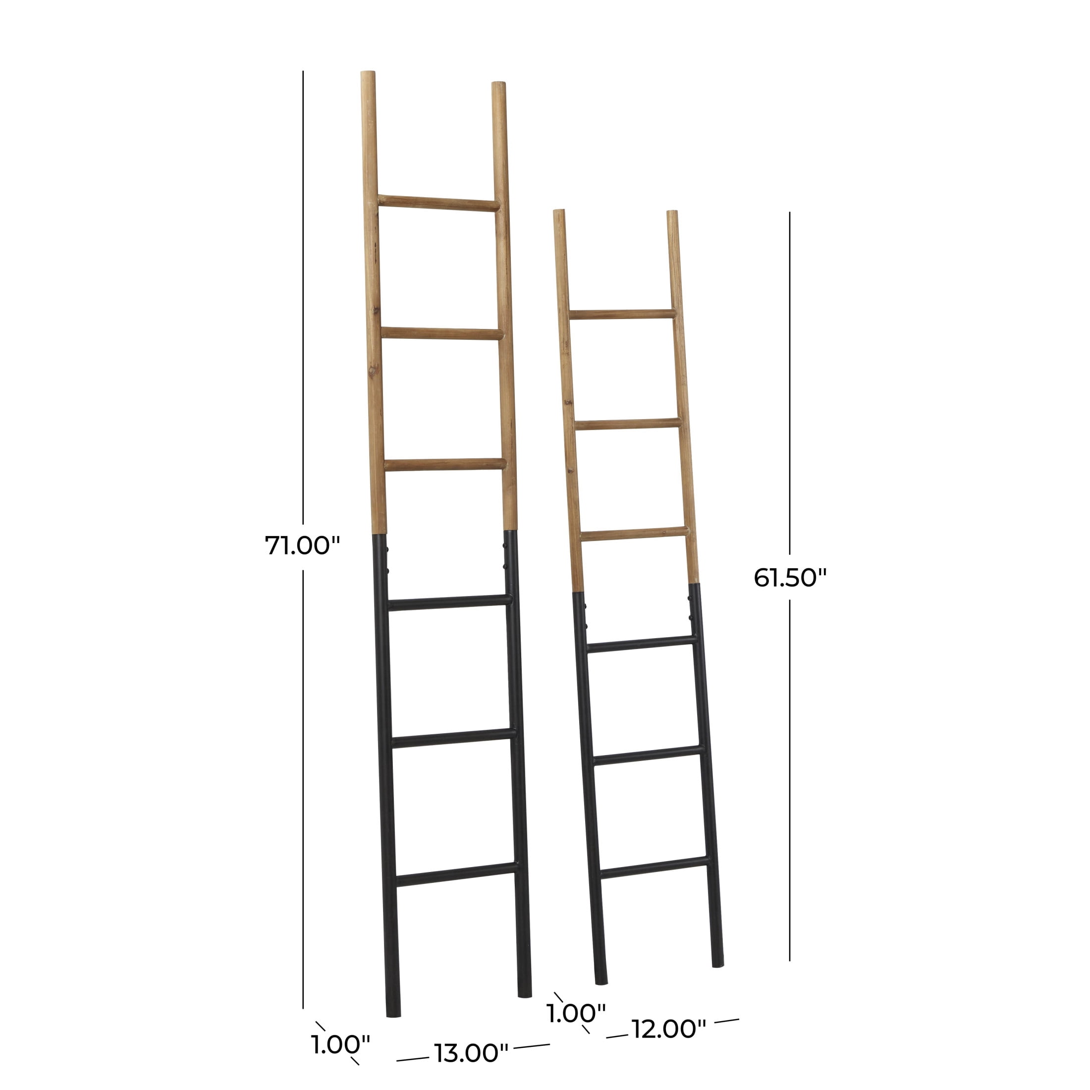 DecMode 71", 62"H Brown Wood Slim Two-Toned 12 Rug Ladder with Black Metal Bases, 2-Pieces