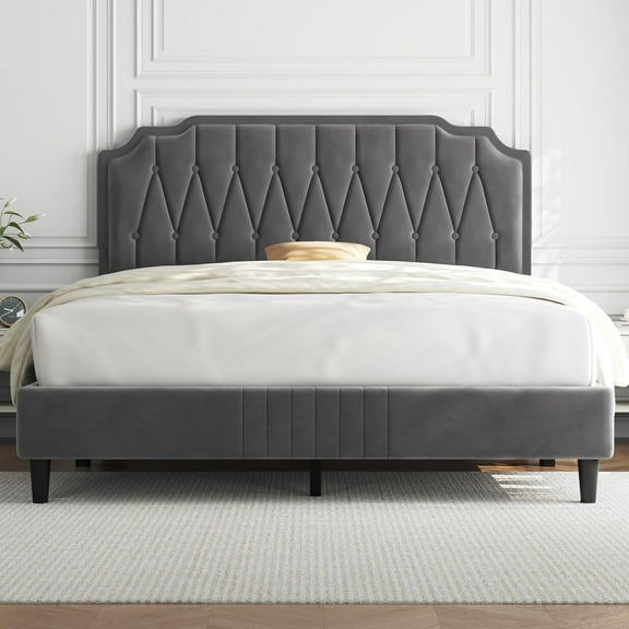CZMJY Queen Bed Frame Velvet Upholstered Platform Bed with Curved Headboard, Height-Adjustable Headboard/Noise-Free/Wooden Slats Support/No Box Spring Needed/Easy Assembly, Dark Gray Queen Bed