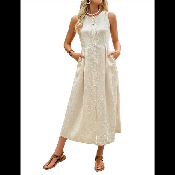 Vestido Bohemio de Mujer con Cuello Redondo, Color Liso, Sin Mangas y Botones. Beige M