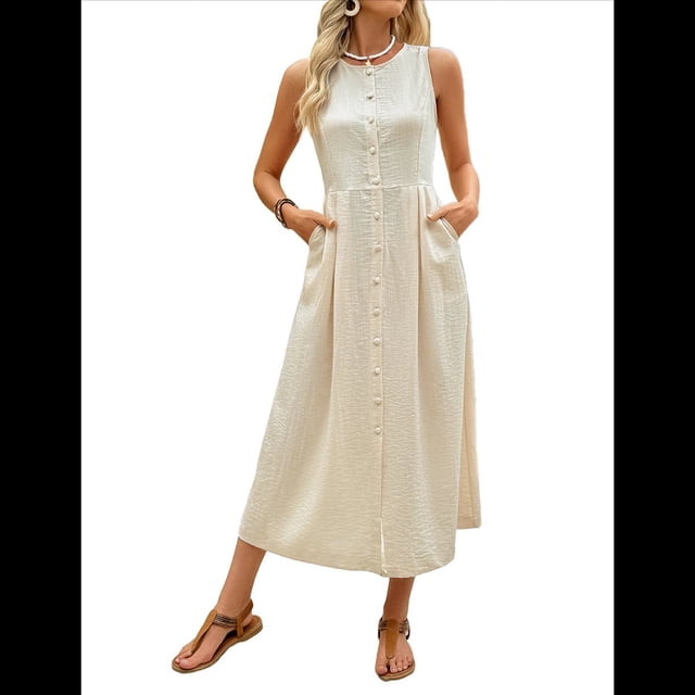 Vestido Bohemio de Mujer con Cuello Redondo, Color Liso, Sin Mangas y Botones. Beige M