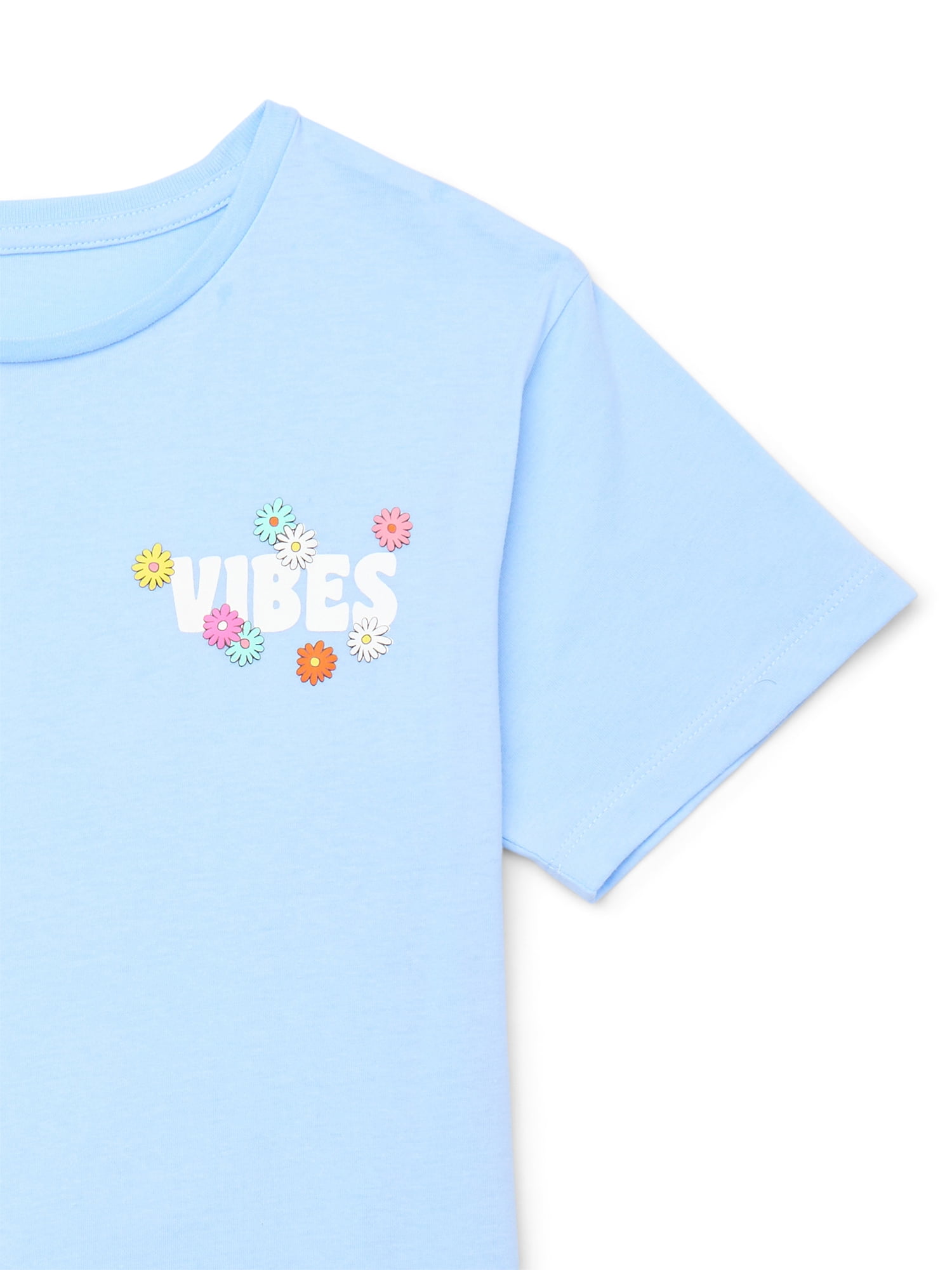 Wonder Nation Girls Vibes & Flowers Graphic Tee with Short Sleeves, Sizes 4-18
