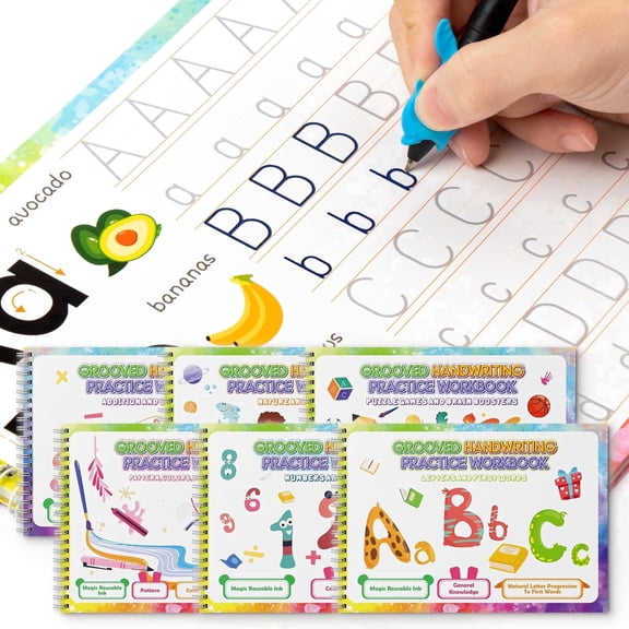 Reusable Grooved Handwriting Practice Copybooks for Kids, 6 Pack Magic Writing Workbooks with Pens and Refills