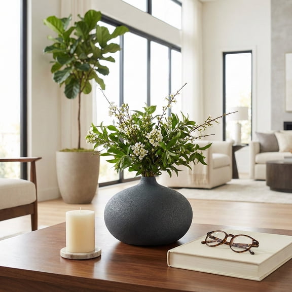 Round Volcanic Vase for Living Room Decor - Ceramic Flower Vase for Home Centerpiece, Office, or Bedroom Vanity - Textured Stoneware Accent For Side Table, Mantel and Console Decor - 5", Blue