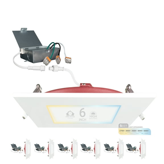 NuWatt 6 Inch 2 Hour FIRE Rated LED Recessed Light, 5CCT Selectable, Dimmable, Square Trim 6 Pack