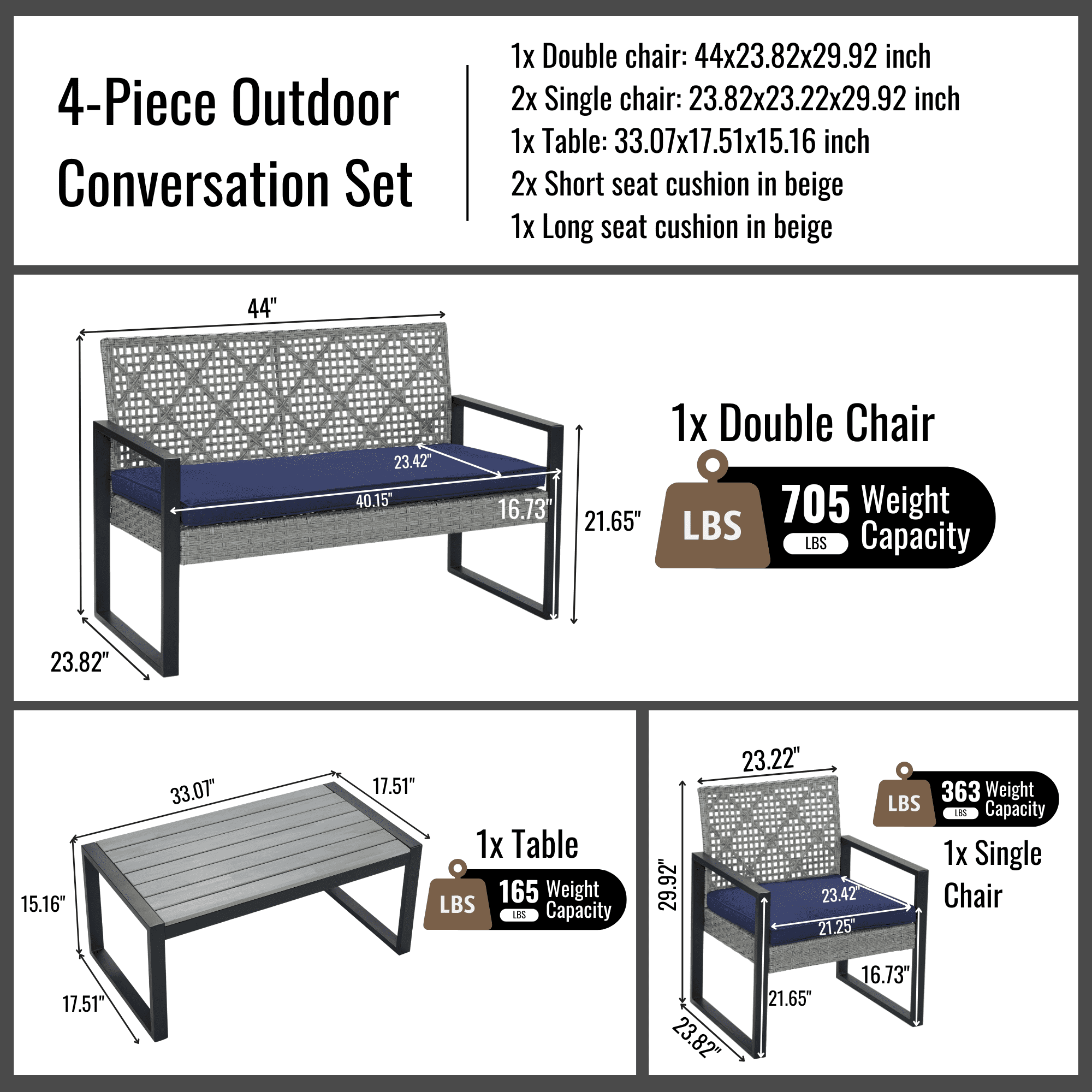 Clearance! Patio Conversation Set for 4, All-weather Outdoor Rattan Furniture Set, Wicker Sectional Patio Table and Chairs Set for Porch Backyard Balcony, Navy Cushions