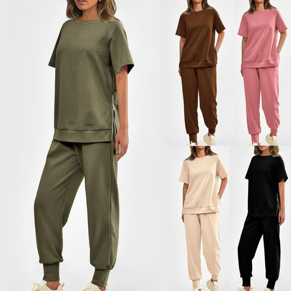 Fashion Plus Size 2 Picec of Sets for Womens Solid Color Loose Casual Short Sleeve Round-Neck Side Zipper Blouses Long Pants High Waisted Sweatpants Sets