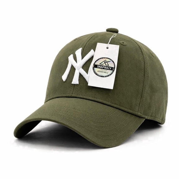New York Baseball Cap Hat for Men and Women, Adjustable Pure Cotton, Buckle Up, One Size Fitted All, Black & White Embroidery NY| Olive Cap