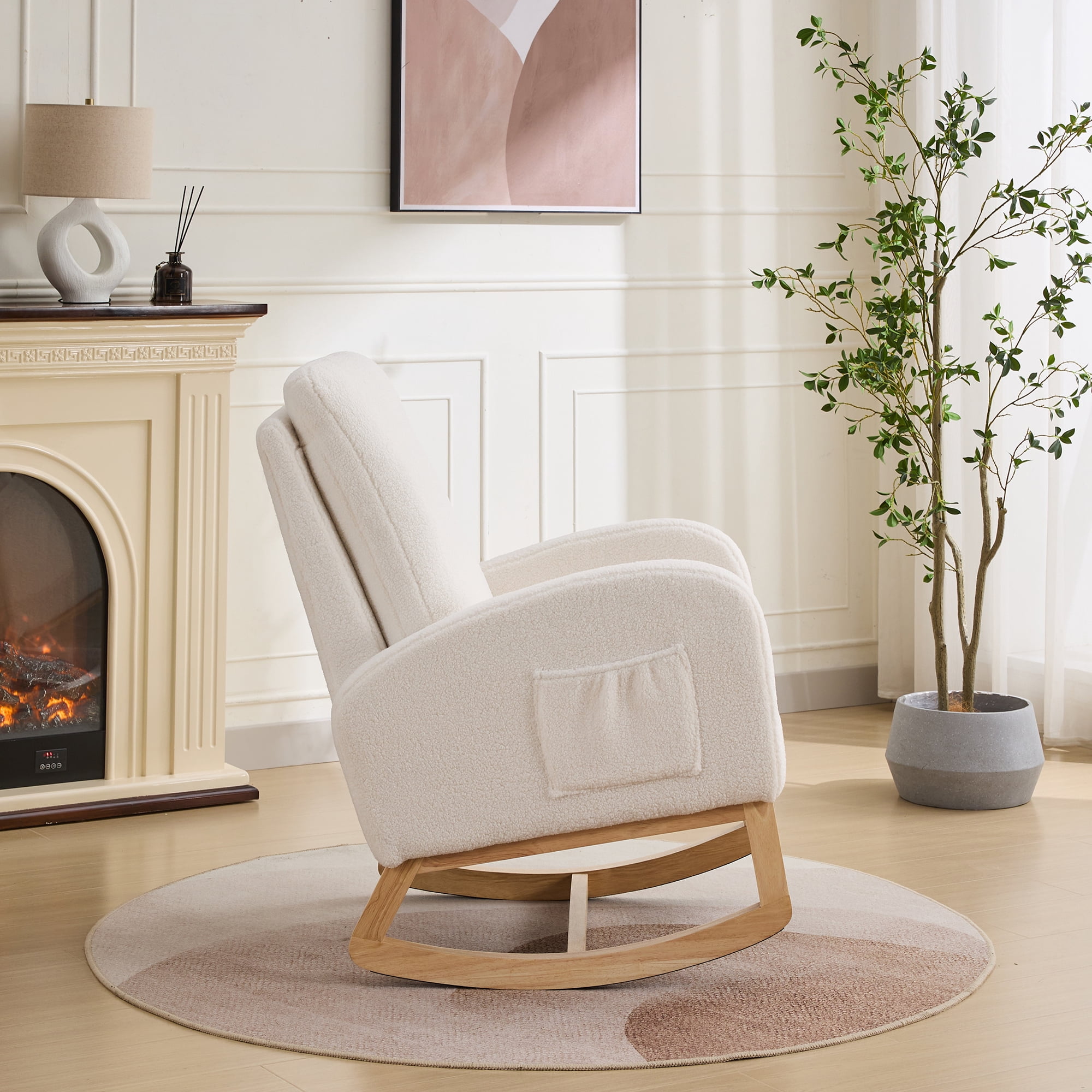27.2"W Rocking Chair for Nursery, Sherpa Glider Chair with High Back and Side Pocket, Rocking Accent Armchair with Rubber Wood Legs for Living Room/Bedroom.Ivory