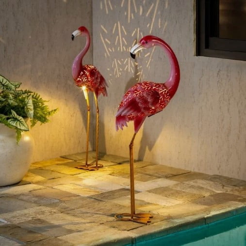 Evergreen Solar LED Flamingo Garden Statues, Handcrafted Metal Outdoor Yard Decor with Solar Lights, Pink Flamingo Pair (2 Pack)