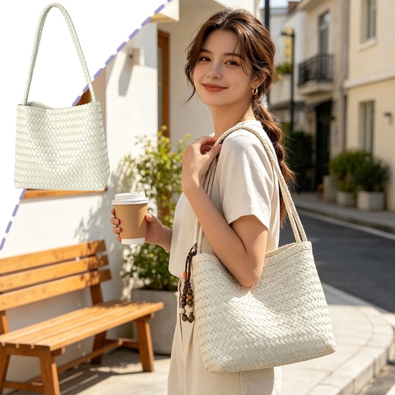 Woven Tote Bag Leather Bucket Bags for Women Summer Hobo Handbag Beach Vacation Purse Vintage Shoulder Bag for Travel