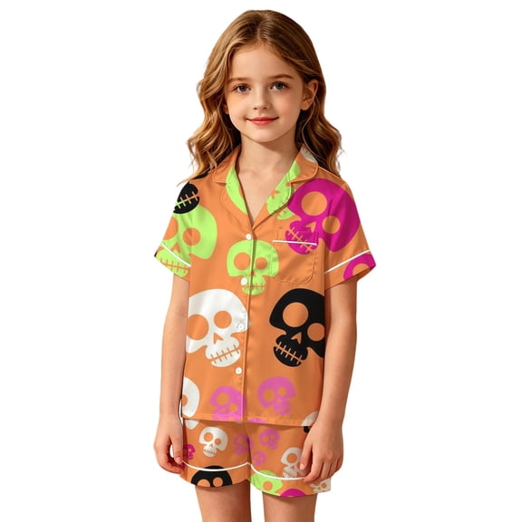 Toddler Girl Pajamas Halloween Cartoon Print Lapel Short Sleeve Button Top And Shorts 2 Piece Loungewear Pjs for Girls Size 2-3 Years