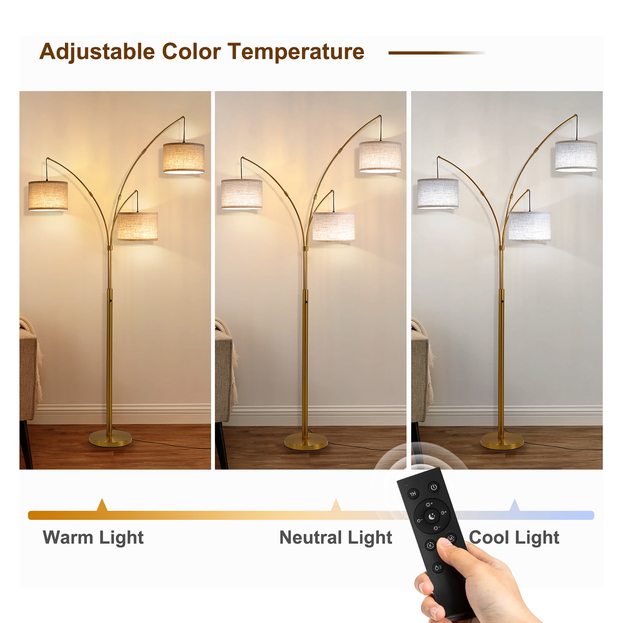 80 Inch 3 Lights Arc Floor Lamps, Dimmable Floor Lamps for Living Room, 3 Color Temperature, Modern Tall Standing Lamp with Remote Control, Tree Floor Lamp for Bedroom Office