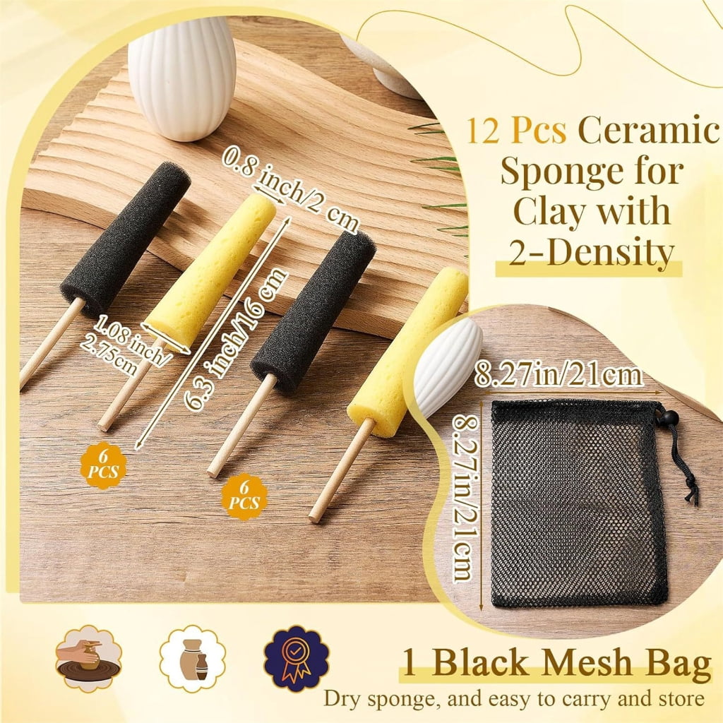 Geemin 12Pcs Pottery Trimming Tool Pottery Sponge on Stick for Ceramic Clay Trimming