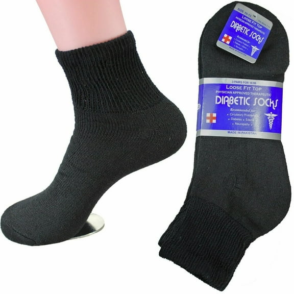 12 Pairs MEN'S & Women's COTTON Diabetic Ankle Socks (Black Size 9-11) "Circulatory Health"