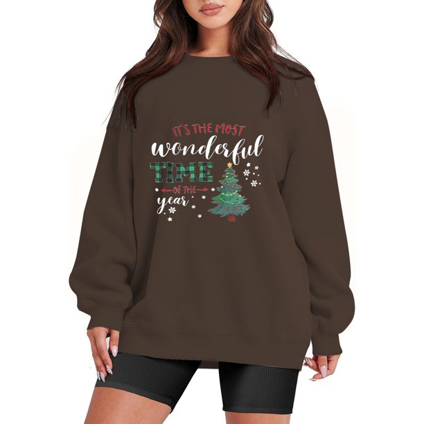 Gibobby Sudaderas de Navidad para mujer Navidad Mujer Casual Y 2 K Manga Larga Impreso Sudadera Suelta Cuello Redondo Sudadera Blusa(Marrón,G)