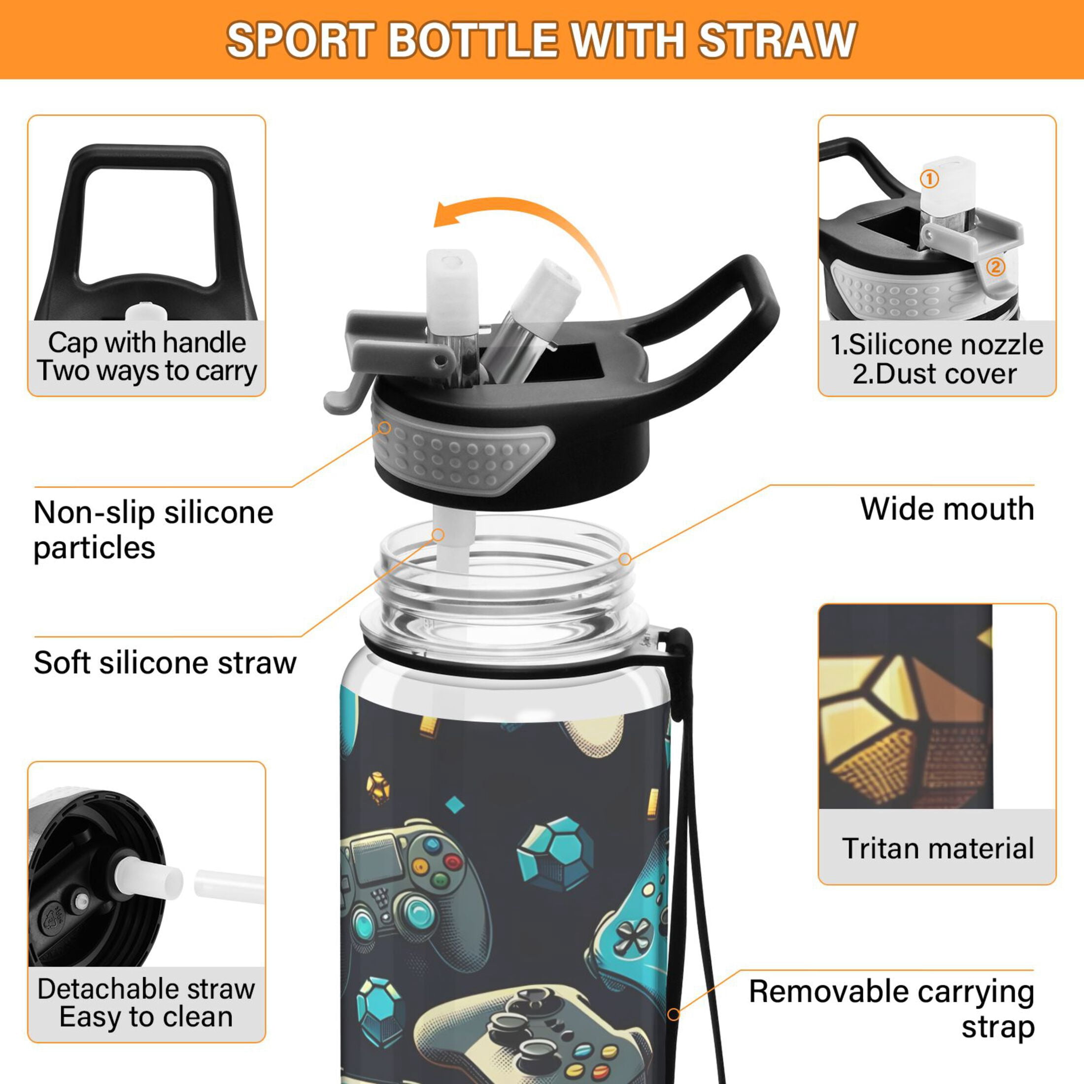 Gaming Controller Sports Water Bottle with Straws 32 Oz Tritan Clear Bottles BPA Free Leakproof Cup for Outdoor School Gym Fitness
