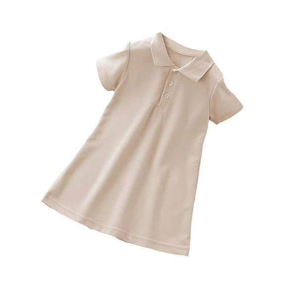GBSYEWXS Dress For Girls 2025 Lapel Neck Short Sleeve Solid Color Daily Wear Beige Size 1-2 Years