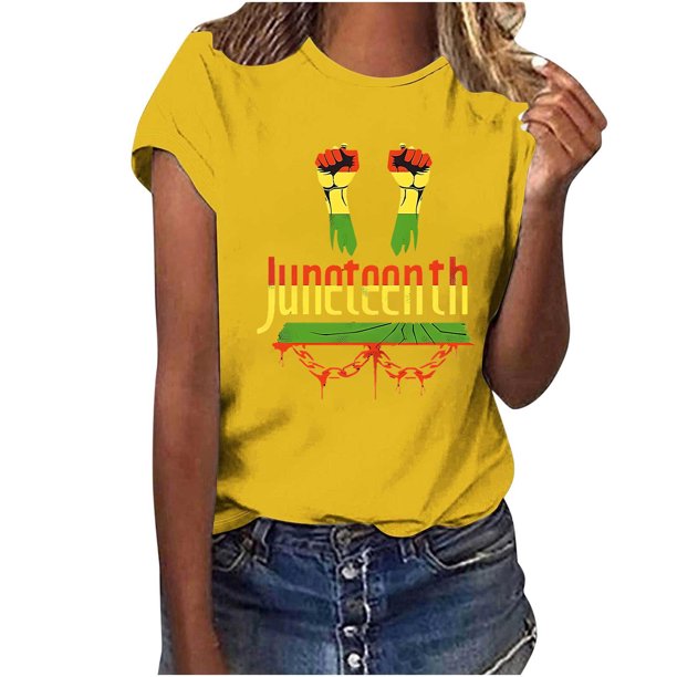Tops de Manga Corta para las Mujeres de Ajuste Suelto, Día de la Independencia Negro Impreso, Cuello Redondo Suelto Superior