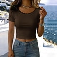 thumbnail image 2 of yillto Womens Ribbed Top Crop Short Sleeve Slim Shirts Lace Crewneck Casual Basic Tees Tshirts S-XXXL, 2 of 6