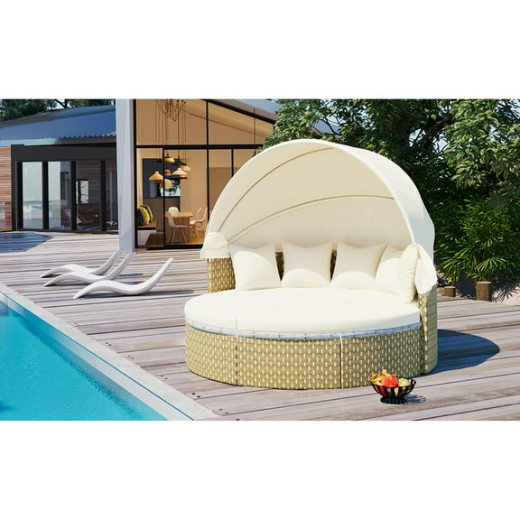 Comfortable Outdoor Furniture: Daybed With Cushions And Canopy Patio Furniture Round Sectional Daybed, Retractable Canopy, Adjustable Table, Removable Cushion, Beige, All-weather Durability