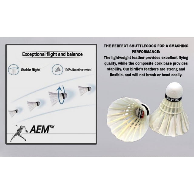 AEM Silvero Badminton Shuttlecock Straight Feather Lot de 10, Blanc