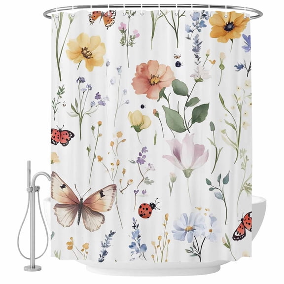 Xipuska Farmhouse Butterfly Floral Shower Curtain - Water Repellent Fabric Shower Curtains Washable, Pastoral Botanical Blossom Decorative Polyester Cloth Bathroom Curtains Modern Bath Decor 72"x72"