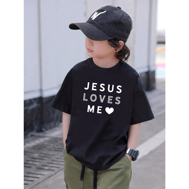 Jesus Loves Me" Boys' T-Shirt - Comfy Cotton Blend, Crew Neck, Short Sleeve, Perfect for Summer Play & Casual Attire, -8