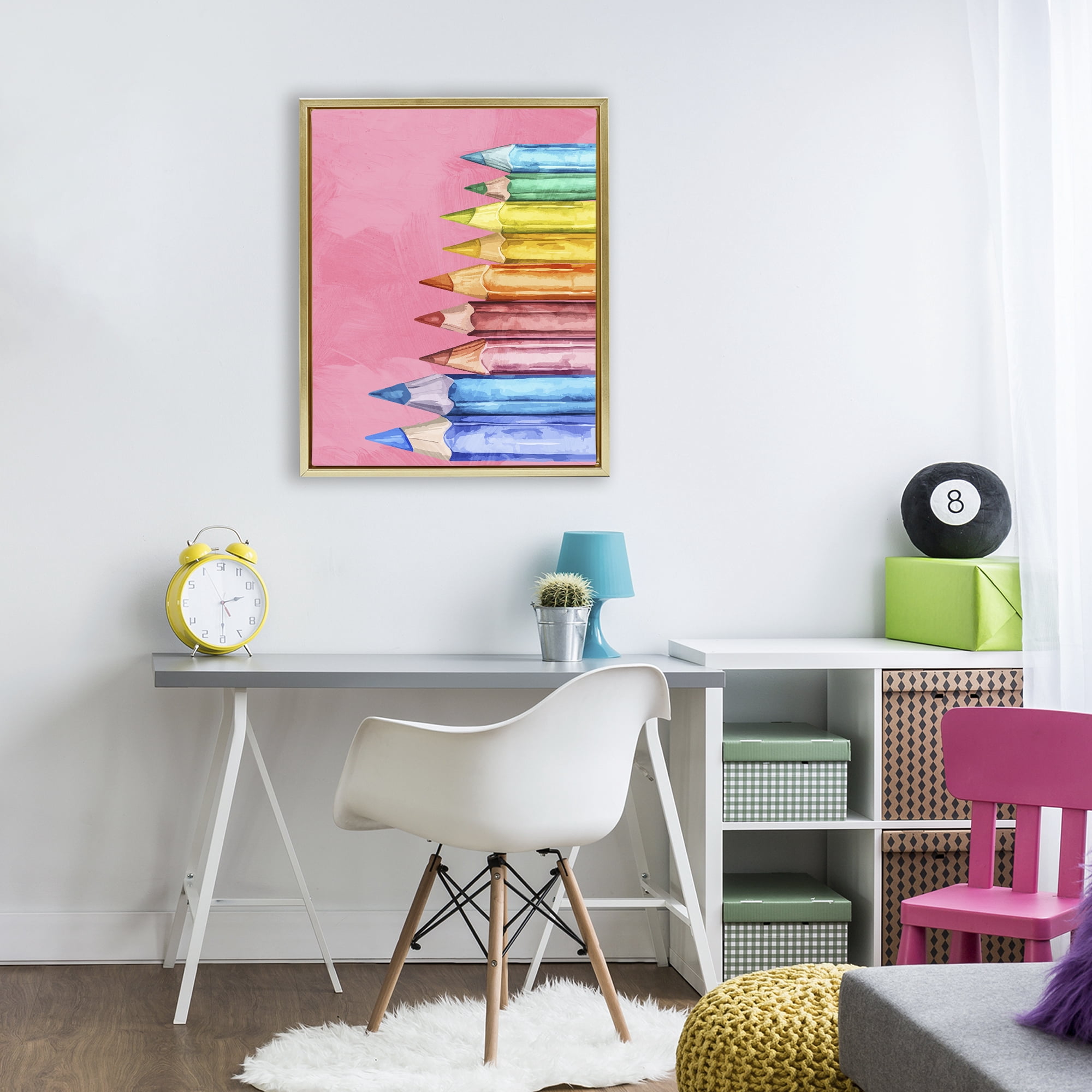 Stupell Industries Vibrant Pencils on Pink Gold Framed Floater Canvas Wall Art, design by Kim Allen