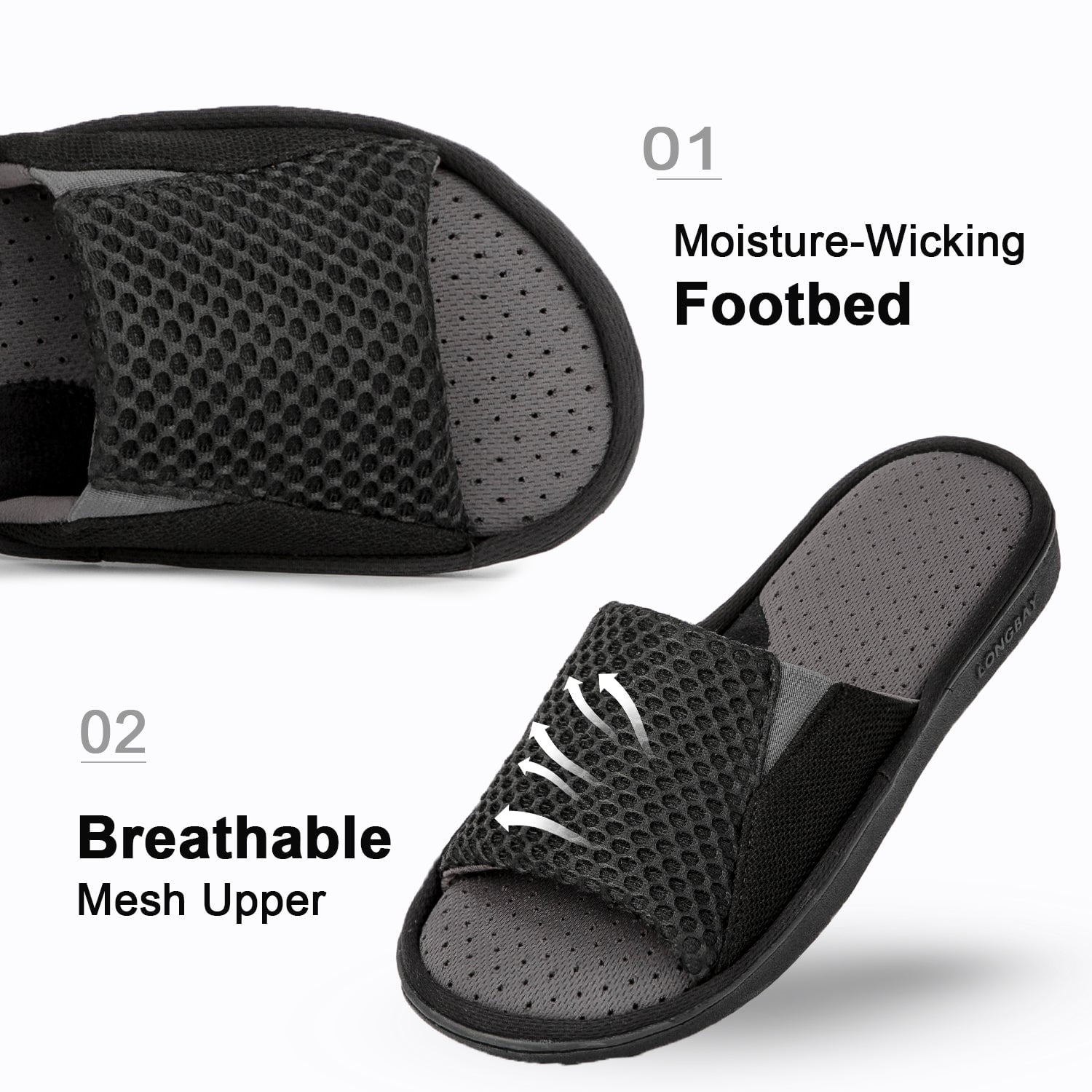 LongBay Men's Memory Foam Slide Slippers - Adjustable Open Toe House Shoes with Breathable Mesh for Indoor Outdoor