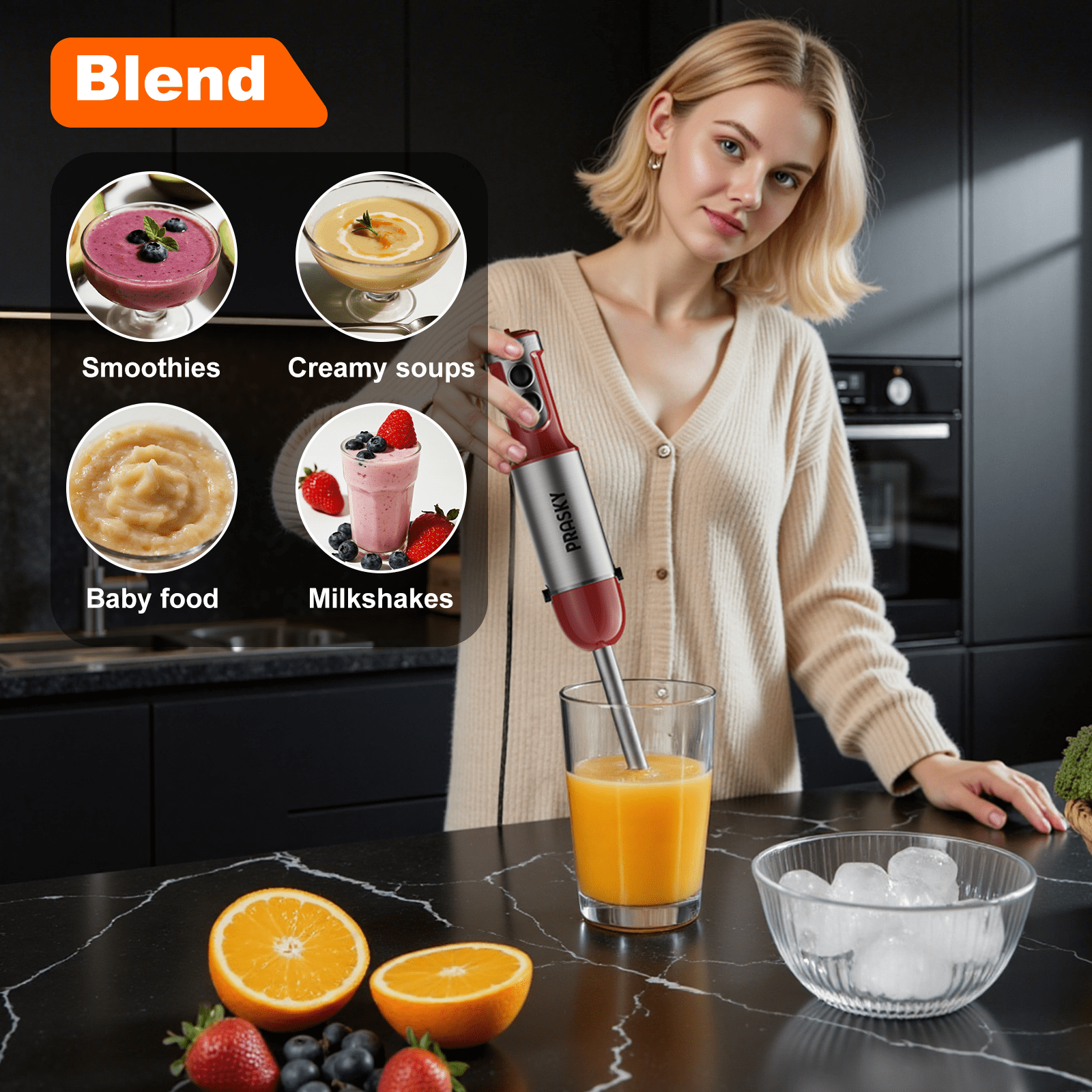 PRASKY Hand Immerision Blender, 20 Speeds Blender with Milk Frother (Red)