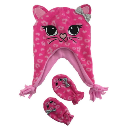 Toddler Girls Pink Fleece Leopard Print Kitty Cat Trapper Hat & Mittens Set