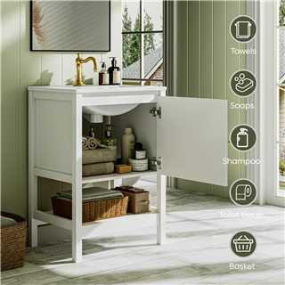 EVOKEDEN 24" Bathroom Vanity with Sink, Small Farmhouse Freestanding Bathroom Cabinet Combo Set, Soft Closing Door and Open Storage Shelf, White