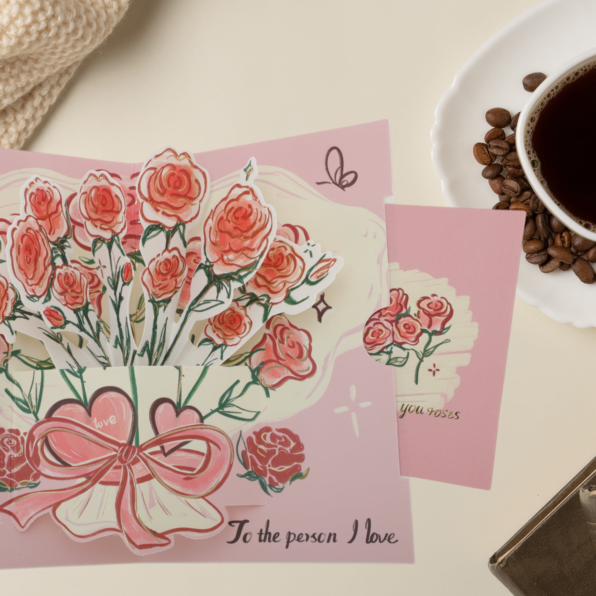 Unique Bargains Floral Pops Up Card 3D Greeting Cards with Envelope Pink Rose Bouquet