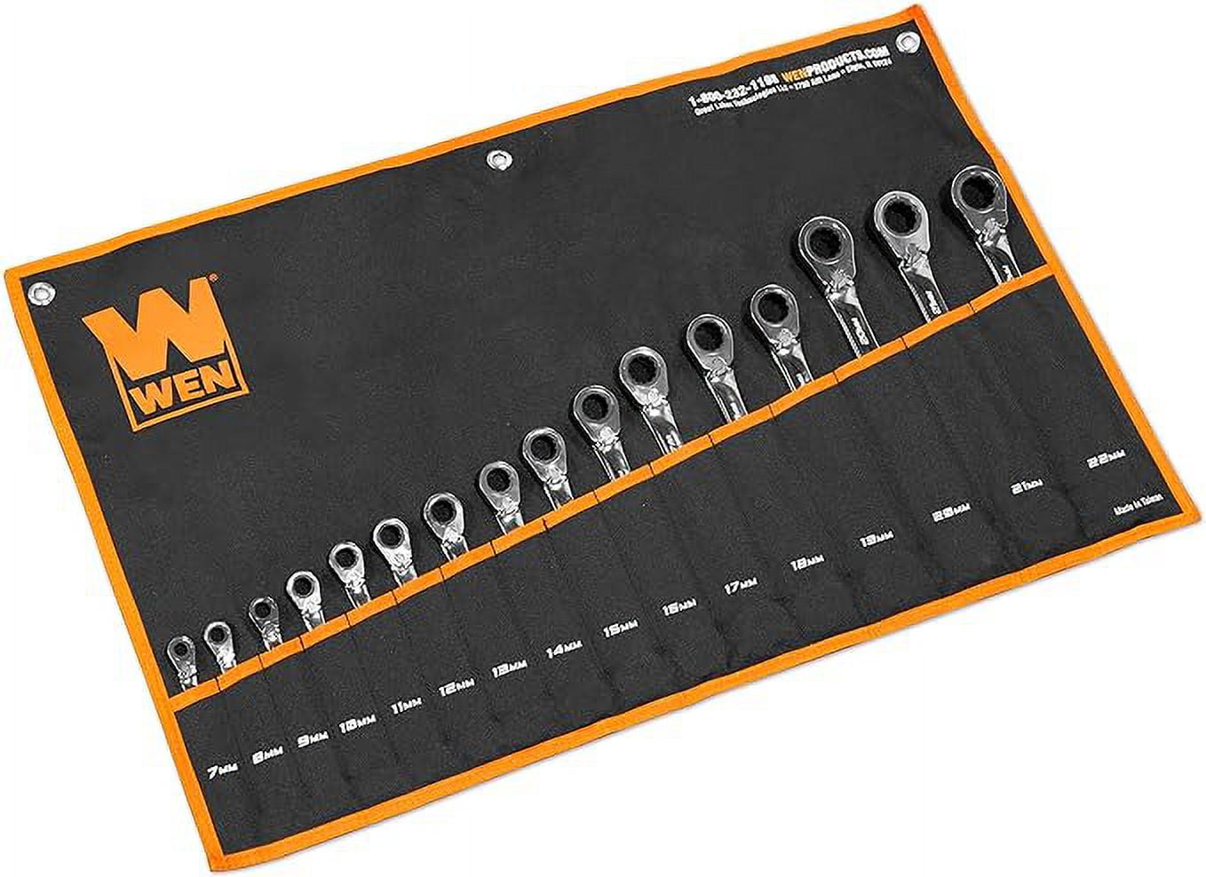 WEN 16-Piece Professional-Grade Reversible Ratcheting Metric Combination Wrench Set with Storage Pouch
