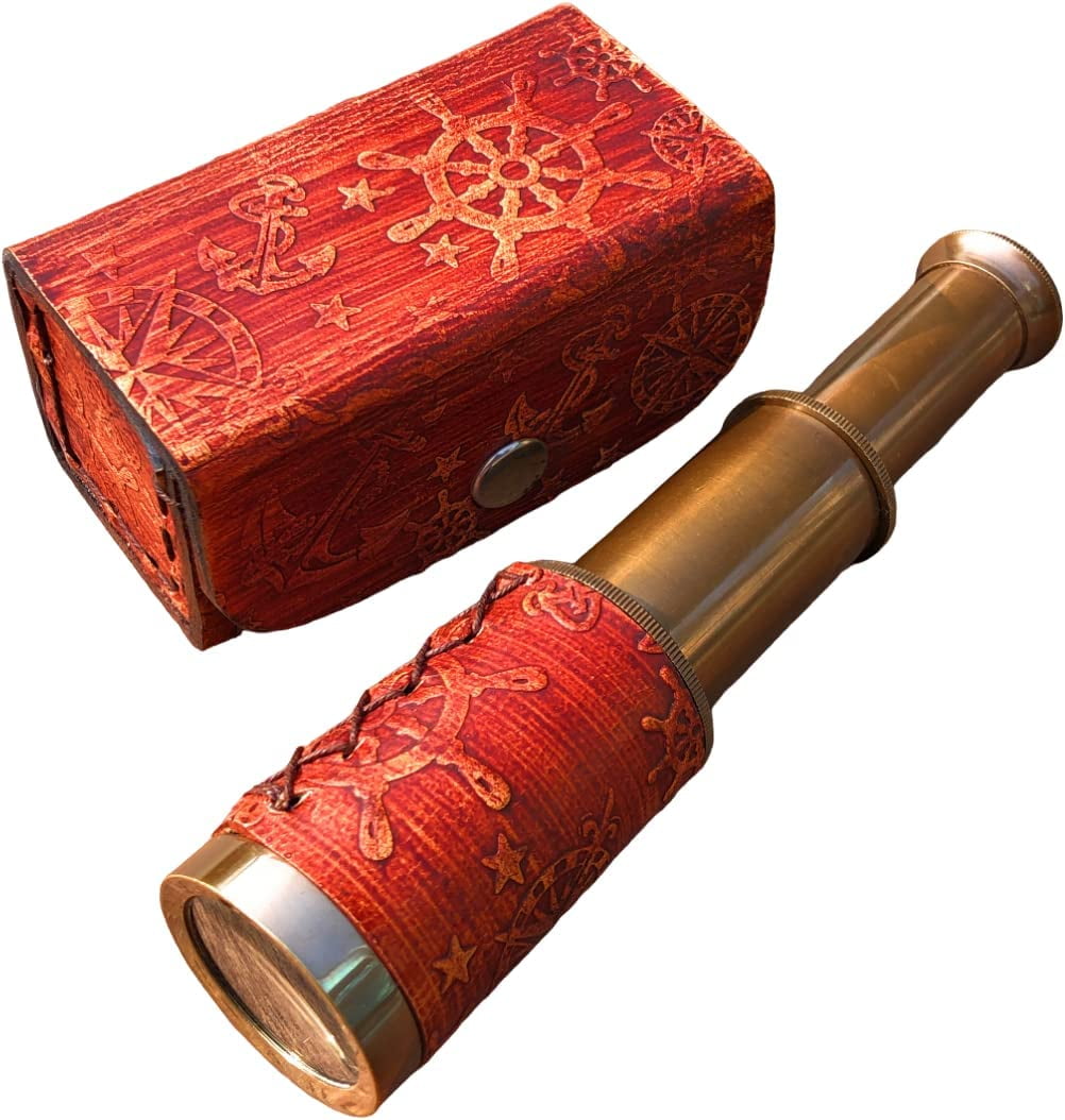 Nautical Brass Spyglass Telescope with Box, Brass Pirate Telescope, Spyglass Collapsible Monocular Decorative Telescope with Glass Optics for Kids Travellers Adventure Enthusiasts Collectible 6''