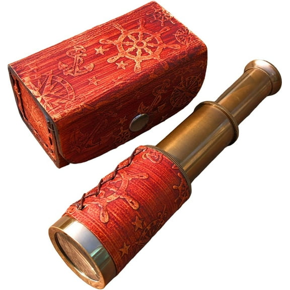 Nautical Brass Spyglass Telescope with Box, Brass Pirate Telescope, Spyglass Collapsible Monocular Decorative Telescope with Glass Optics for Kids Travellers Adventure Enthusiasts Collectible 6''