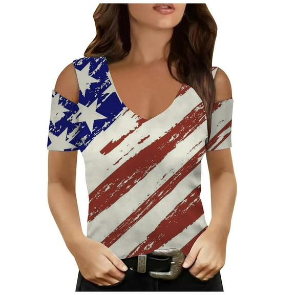 qipepei 4th of July Clothes for Women American Flag Patriotic T-Shirts Fashion Women's Summer V-Neck Casual Short Sleeve Print Strapless Blouse Top