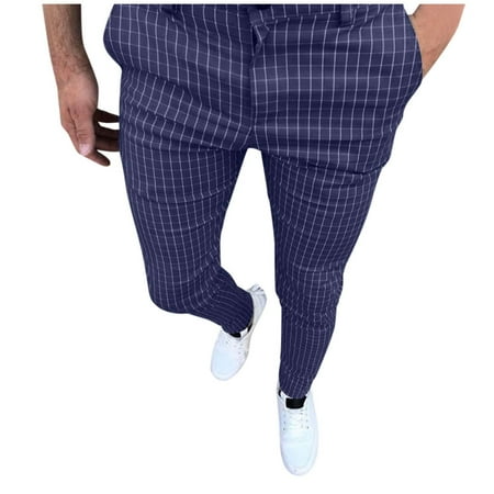 

Ziloco Fashion Men Casual Slim Fit Plaid Print Zipper Long Pants Trousers pajama pants for women Blue XXL