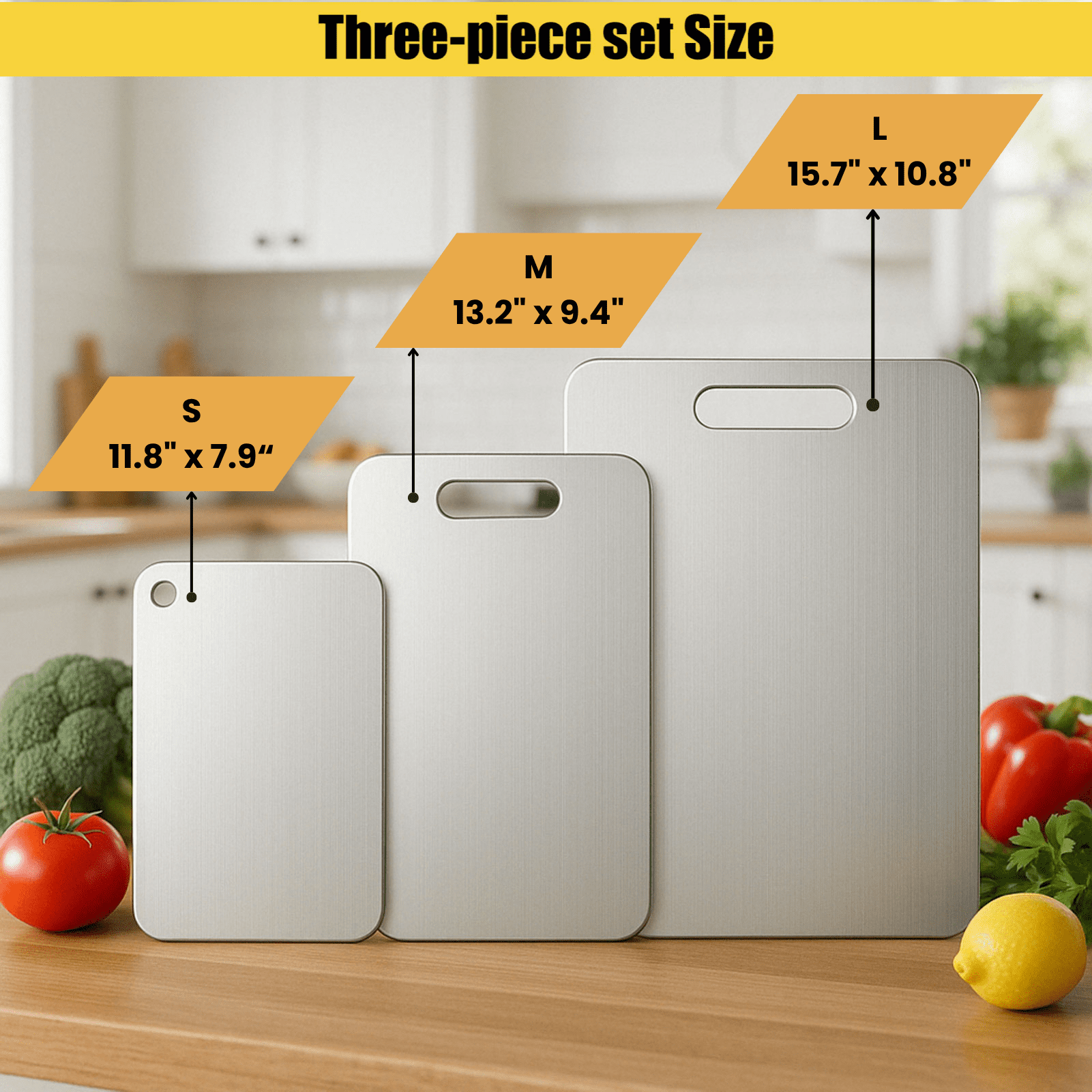 Titanium Cutting Board Set of 3 – 100% Pure Titanium Chopping Boards, Double-Sided, Hygiene & Durable, Dishwasher Safe (S+M+L)